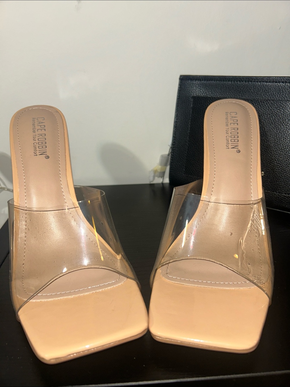 Cape Robbin Nude Clear Square-Toe Slip On Stiletto Mules